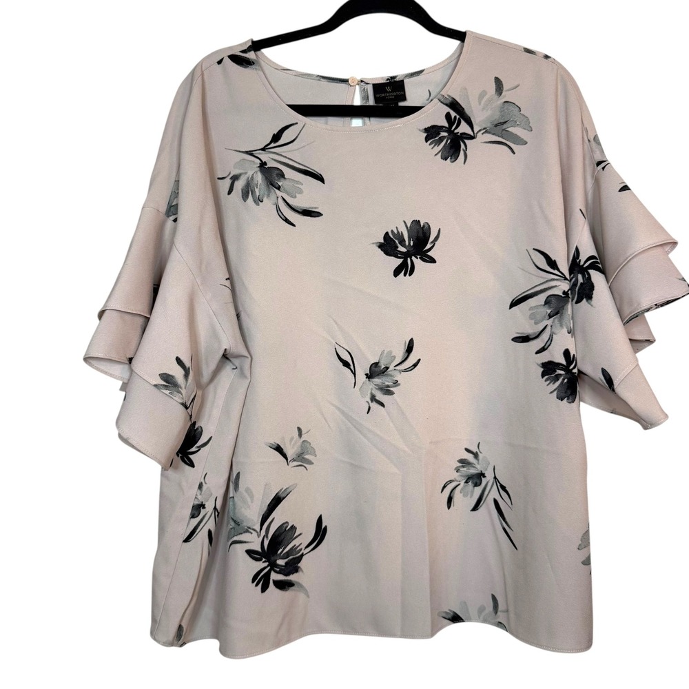 Worthington Blush Pink Floral Print Ruffle Sleeve Blouse - Size 0X